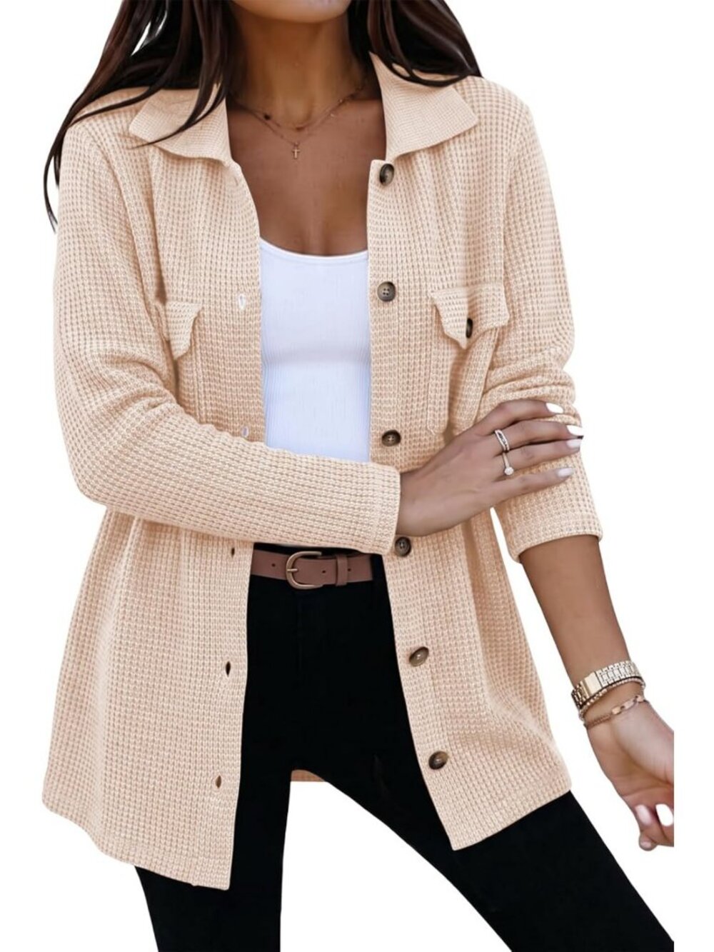 Cozy Waffle Knit Cardigan Sweater for Women | Chunky Shacket Top